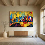 “Colorful Abstract Figures” - Yellow, Blue & Red Figurative, Cubist - Style Painting On Canvas DKS768