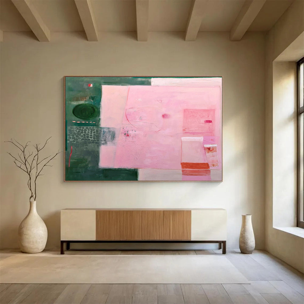 Pink & Green Abstract Composition Painting On Canvas DKS060