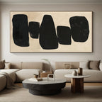 “Stacked Black Abstract Shapes on Beige” - Geometric Abstract Painting On Canvas PS0276