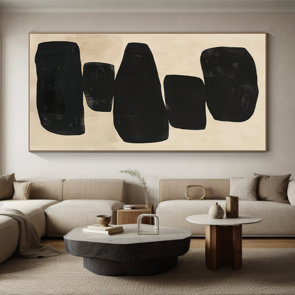 “Stacked Black Abstract Shapes on Beige” - Geometric Abstract Painting On Canvas PS0276