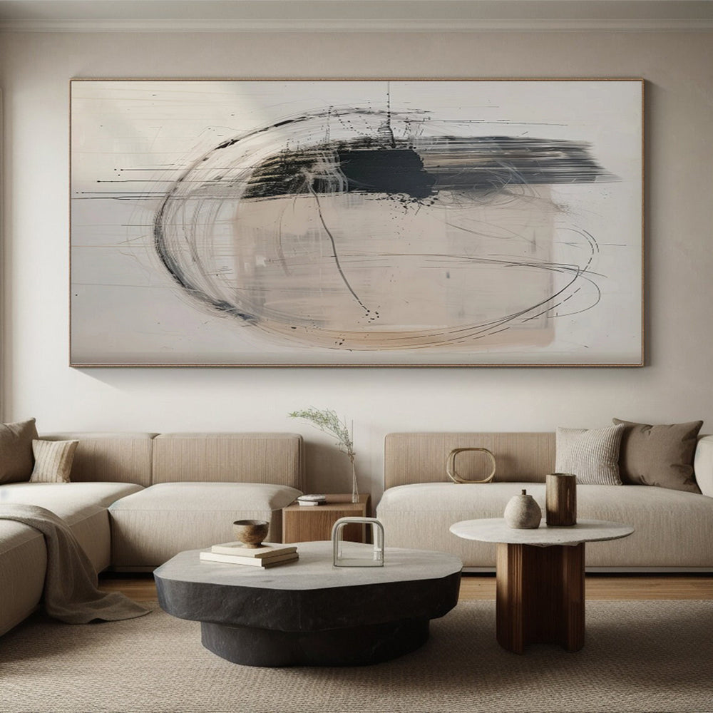 “Dynamic Black - White Abstract with Circular Lines” - Expressive Abstract Painting On Canvas PS0273