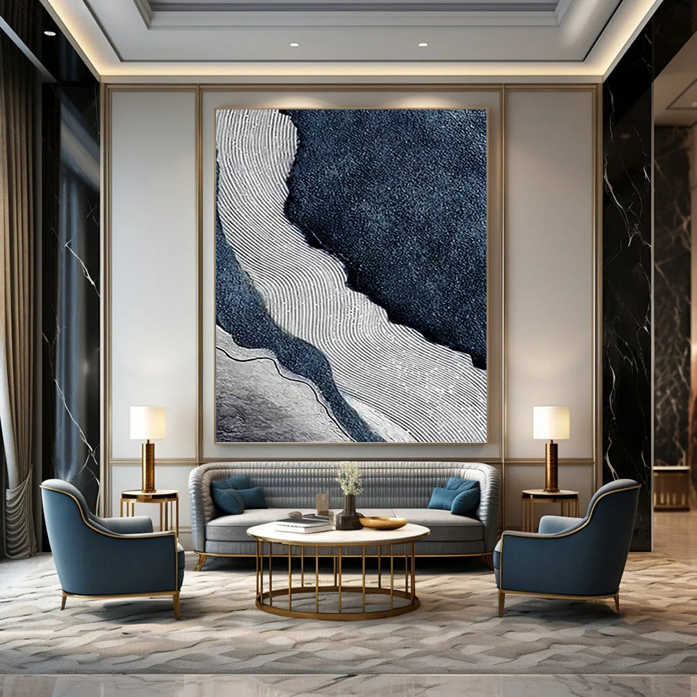 “Blue and White Wavy Textures” - Abstract, Ocean - Inspired Painting On Canvas PT1536