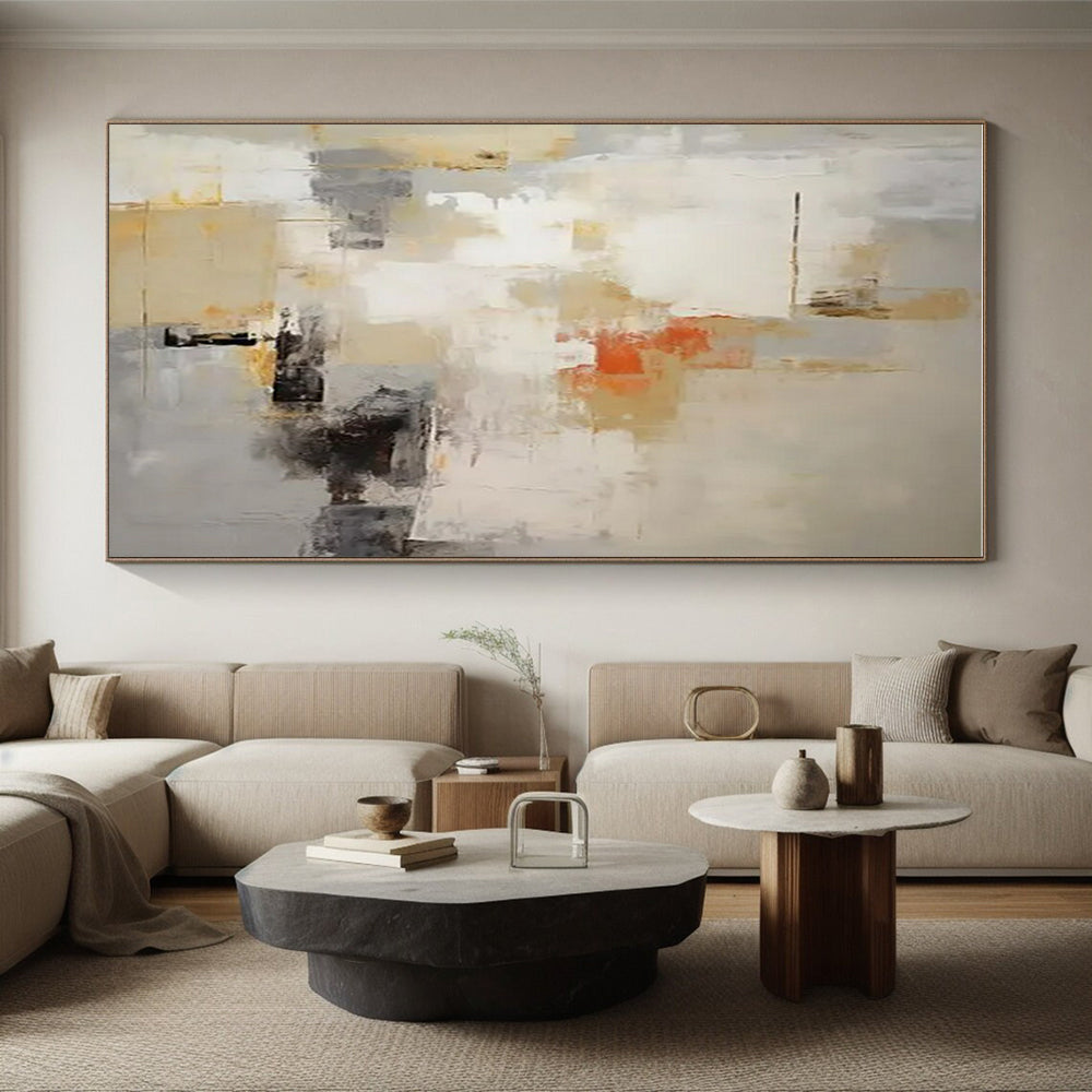 Beige, Gray, Orange & Black Abstract "Sunset Haze" Painting On Canvas PS0870