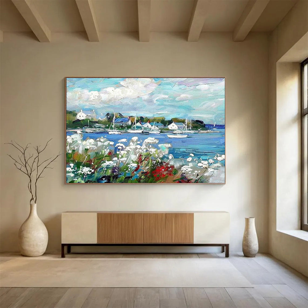 “Impressionistic Coastal Village” - Lively Seascape Painting On Canvas DKS450