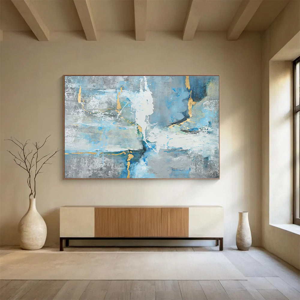 “Blue - Gray Abstract With Gold” - Blue, Gray & Gold Abstract, Modern Acrylic Painting On Canvas DKS756