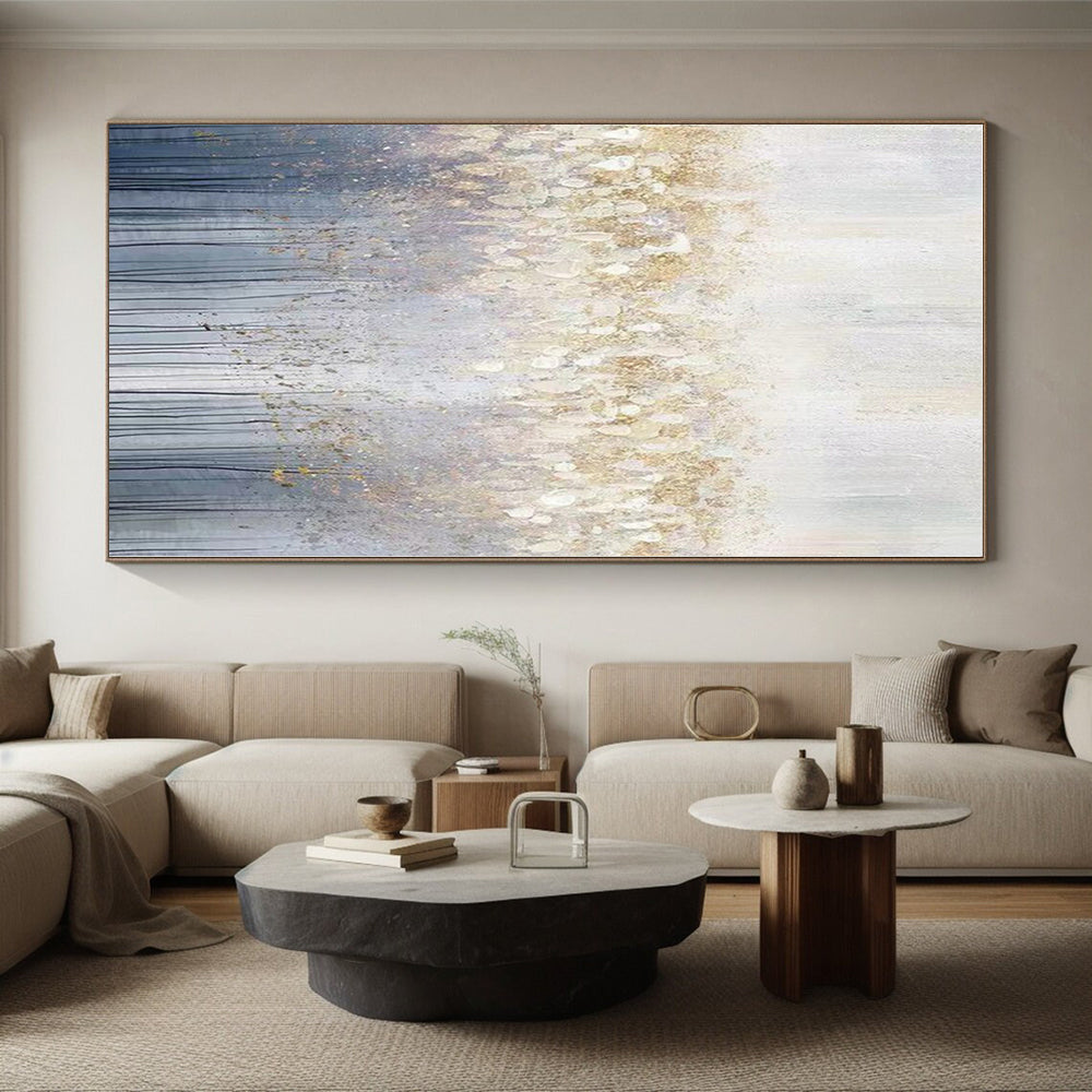 “Gold - White - Blue Abstract Forest” - Gold, White, Blue Abstract Landscape Painting On Canvas PS0592