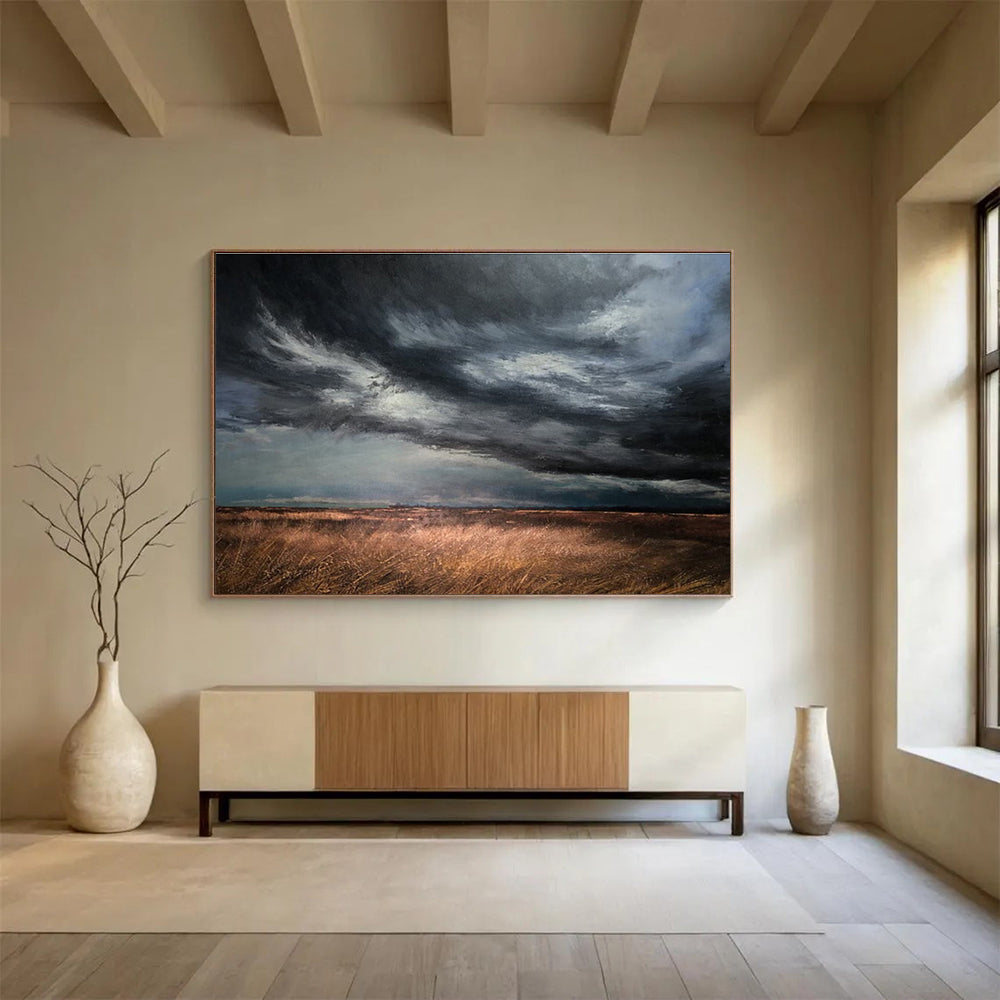 “Stormy Field Drama” - Gray, Black & Brown Landscape, Realist Oil Painting On Canvas DKS779