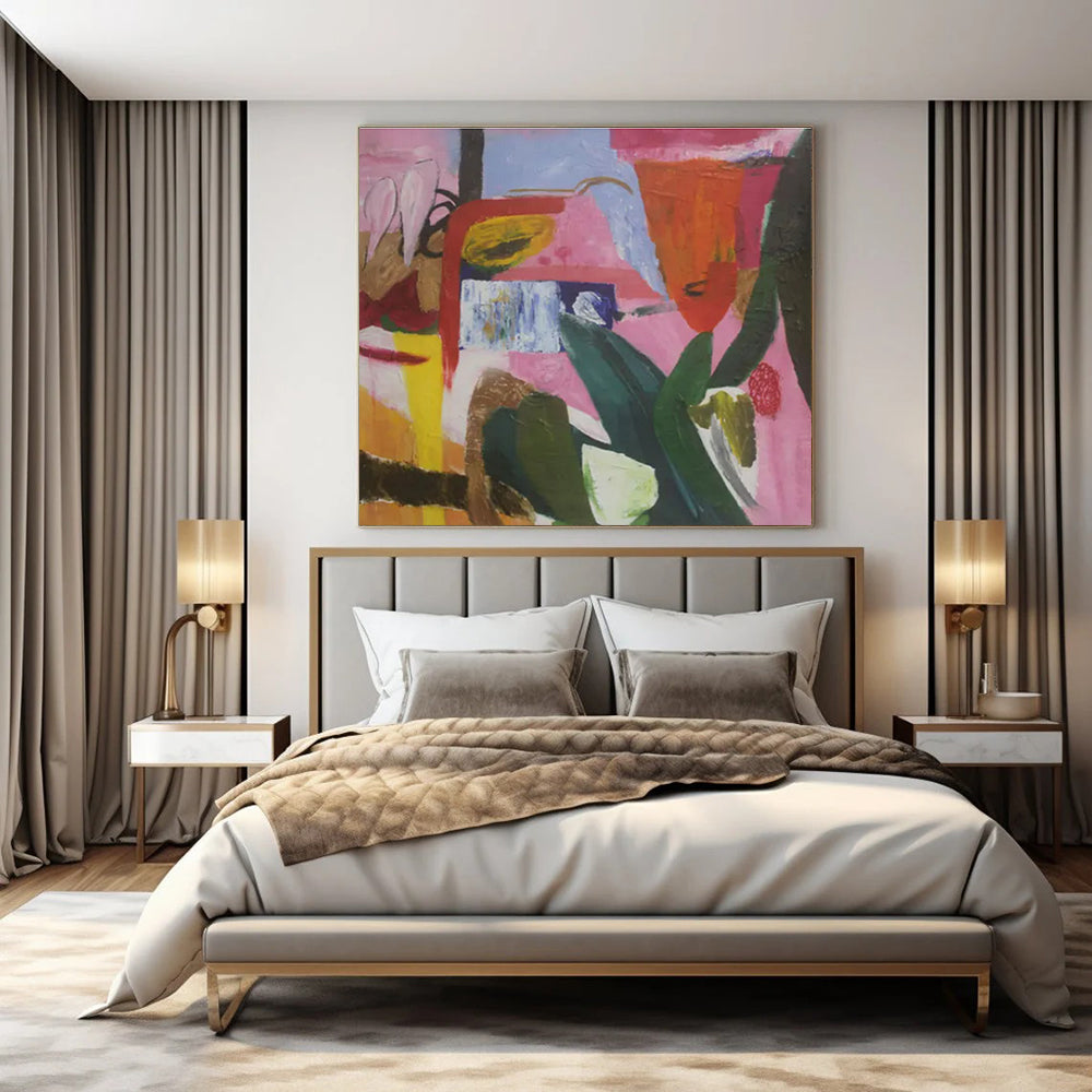 Pink, Green, Blue, Yellow with Playful Forms "Botanical Rhapsody" Abstract Painting On Canvas PS1410