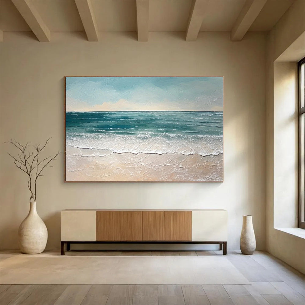 “Textured Seaside in Blues and Beiges” - Impasto Seascape Painting On Canvas PT062