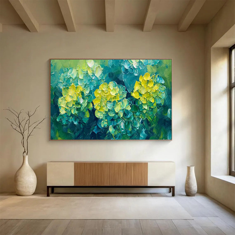 “Yellow Flowers in Green” - Impasto Oil Painting On Canvas DKS799