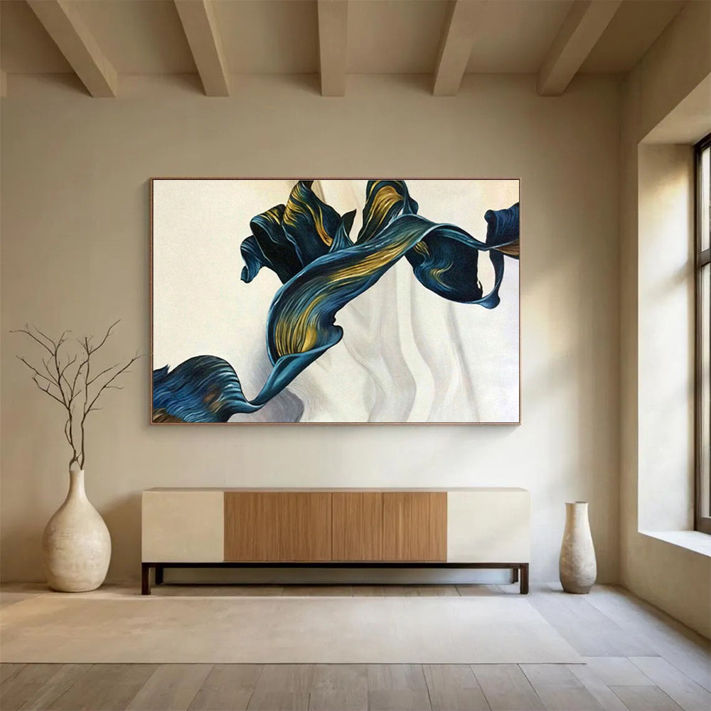 Blue and Gold Flowing Forms Contemporary Abstract Painting On Canvas DKS160