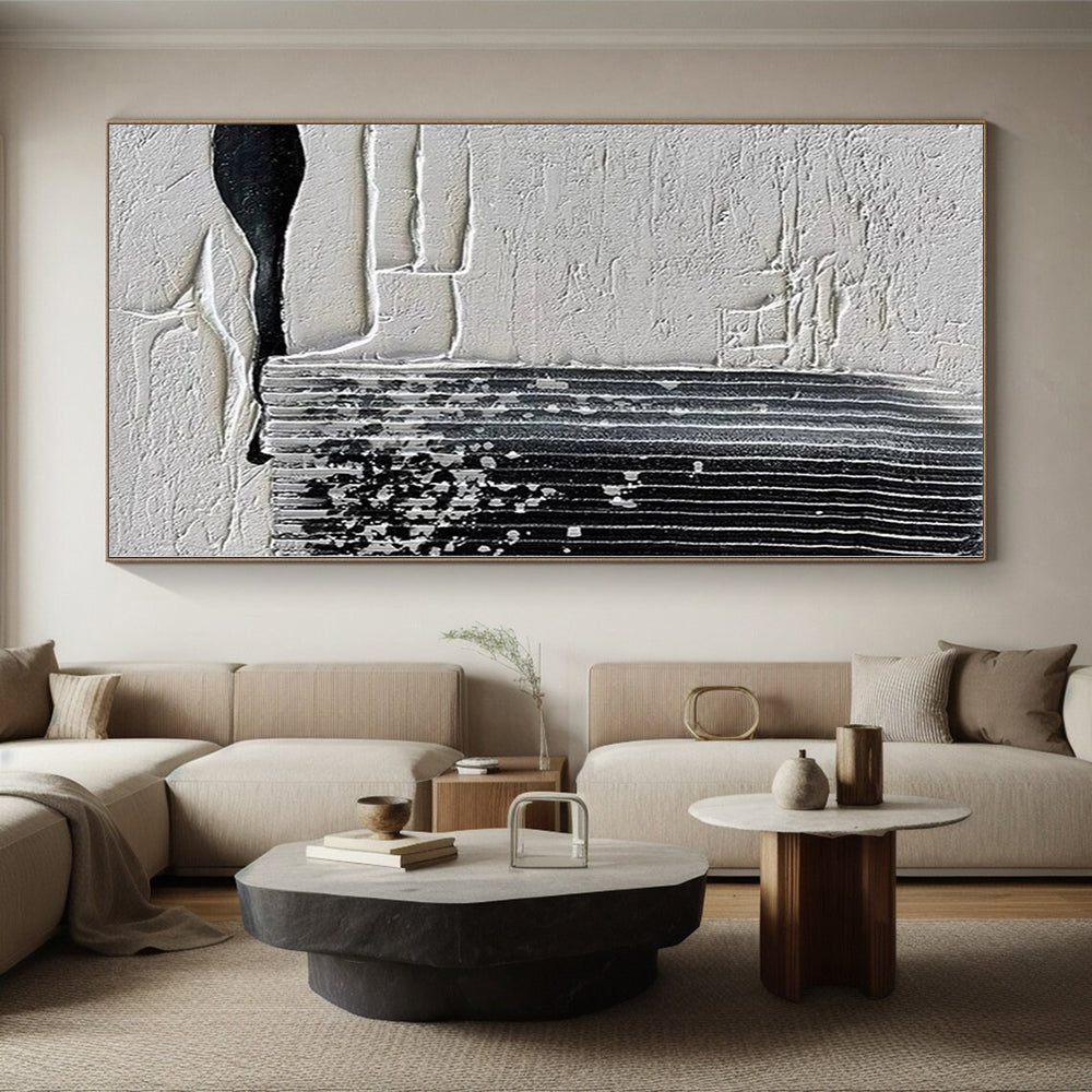 “Tactile White - Black Abstract with Raised Lines” - Textured Abstract Painting On Canvas PS0280