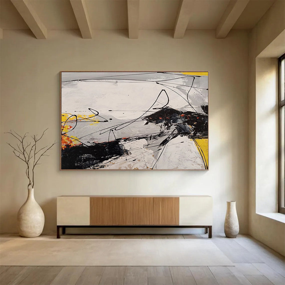 “Dynamic Abstract in Blacks, Whites, Yellows & Oranges” - Energetic Modern Painting On Canvas PT030