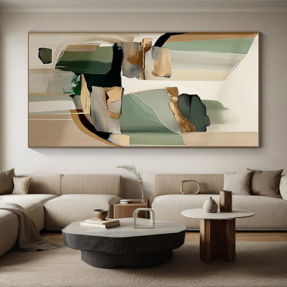 “Green - Gold Abstract Fusion” - Green, Gold, Beige Abstract Geometric Painting On Canvas PS0764