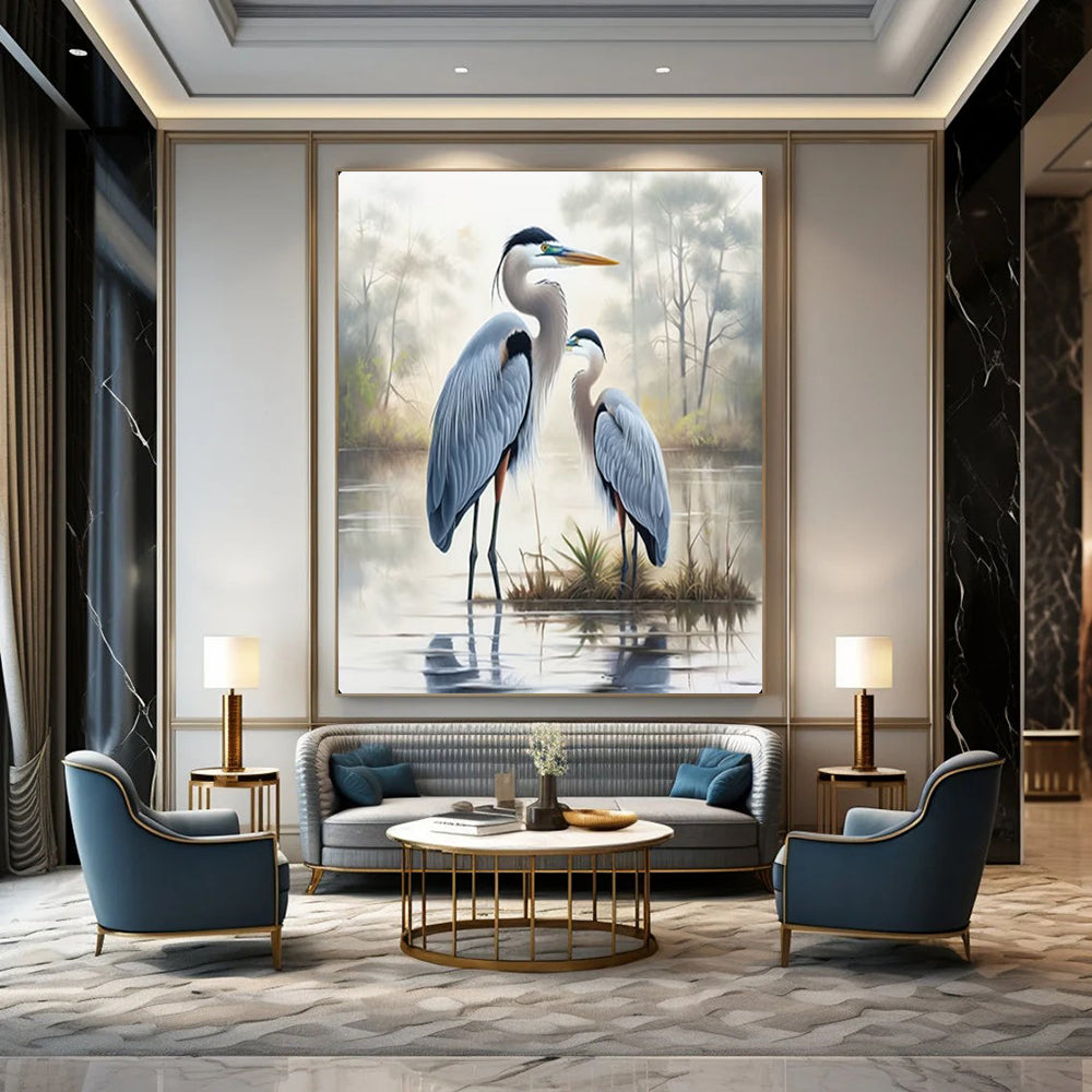 Blue Herons in Misty Marsh, Romanticism like Turner, Wildlife Painting On Canvas PT2129