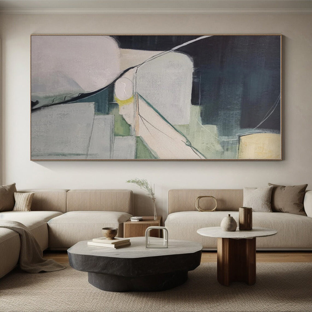 “Muted Tones Geometric Abstraction” - Gray, Green, White Abstract Geometric Painting On Canvas PS0556