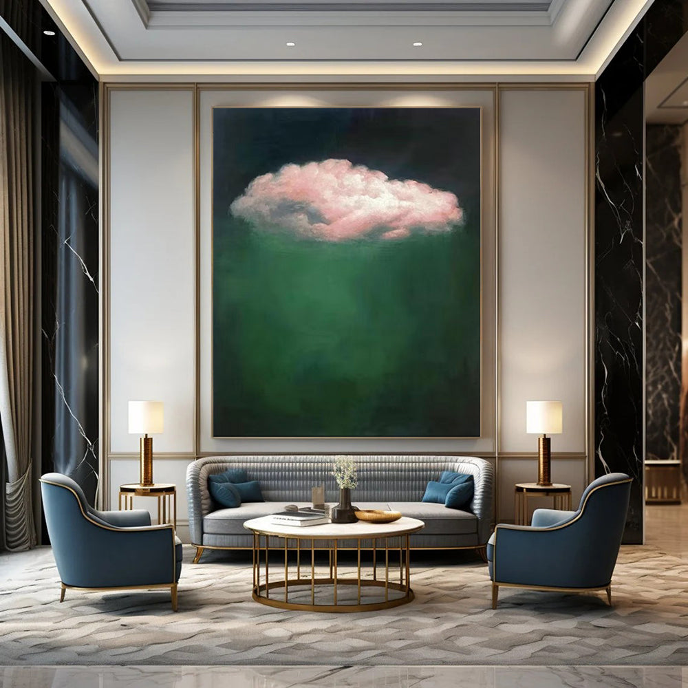 “Pink Cloud Over Green” - Surreal Cloud Painting On Canvas PT1984