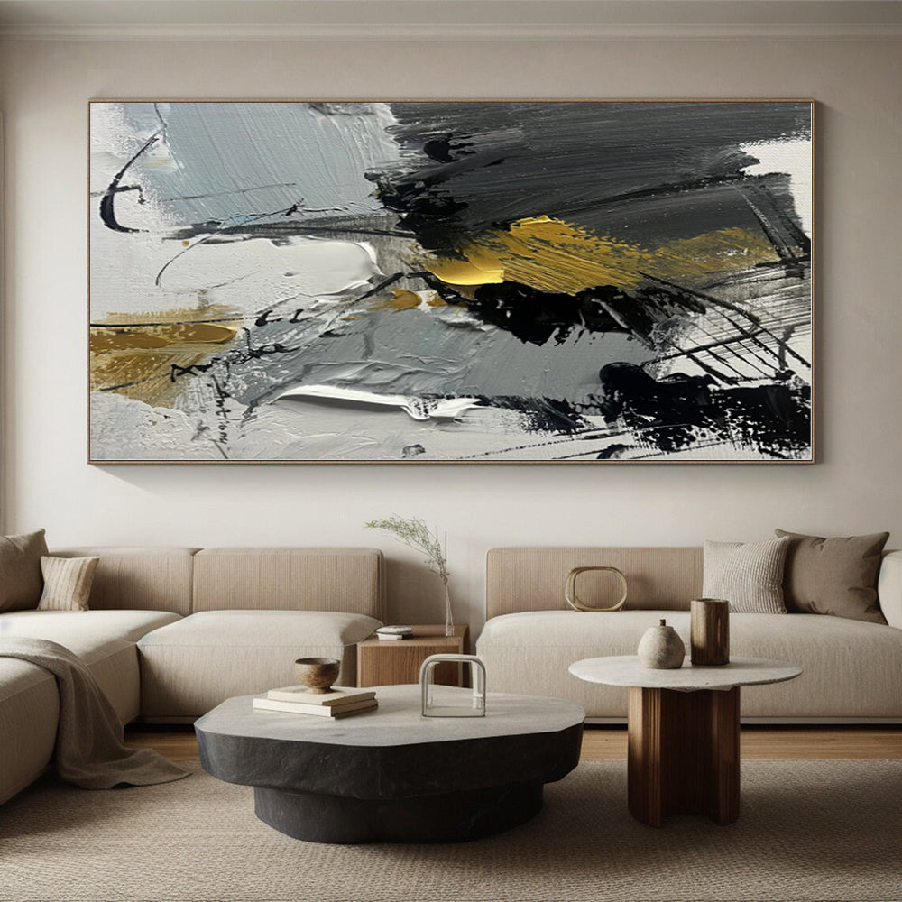 “Gray - Gold Dynamic Abstraction” - Gray, Gold, Black Abstract Painting On Canvas PS0493