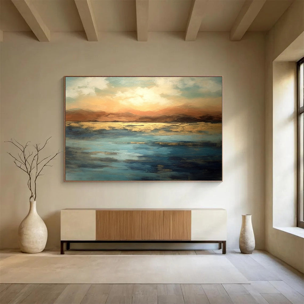 “Sunset Lake in Gold and Blue” - Expressive Landscape Painting On Canvas PT066