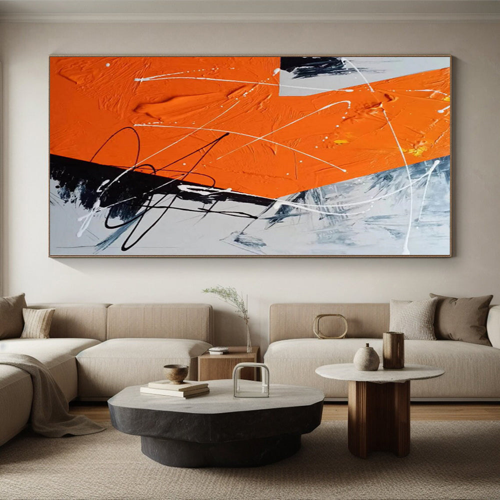 “Orange - Grey - White Abstract Dynamic Strokes” - Energetic Abstract Painting On Canvas PS0325