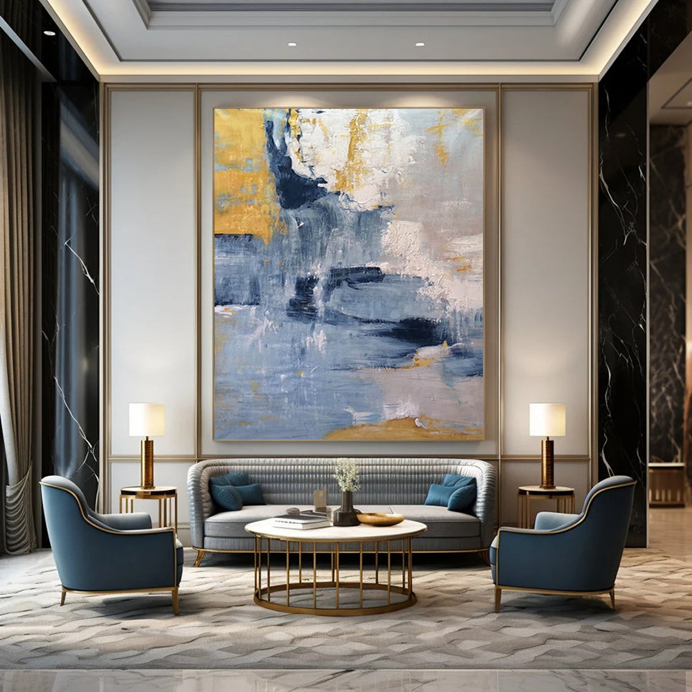 “Blue, Gray & Gold Abstract” - Subtle Metallic Accents in a Cool Palette Painting On Canvas DS253