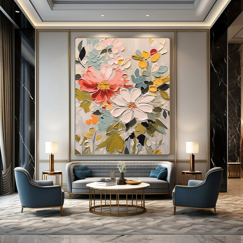 Impasto Floral Mix of Coral, White, Greens, Matisse - Inspired, Floral Painting On Canvas PT2128