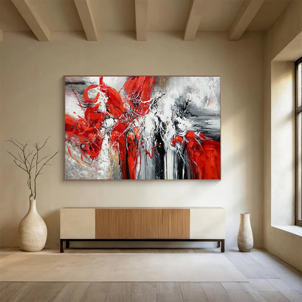 “Red - White Abstract Energy Burst” - Expressive Oil Painting on Canvas PT1485