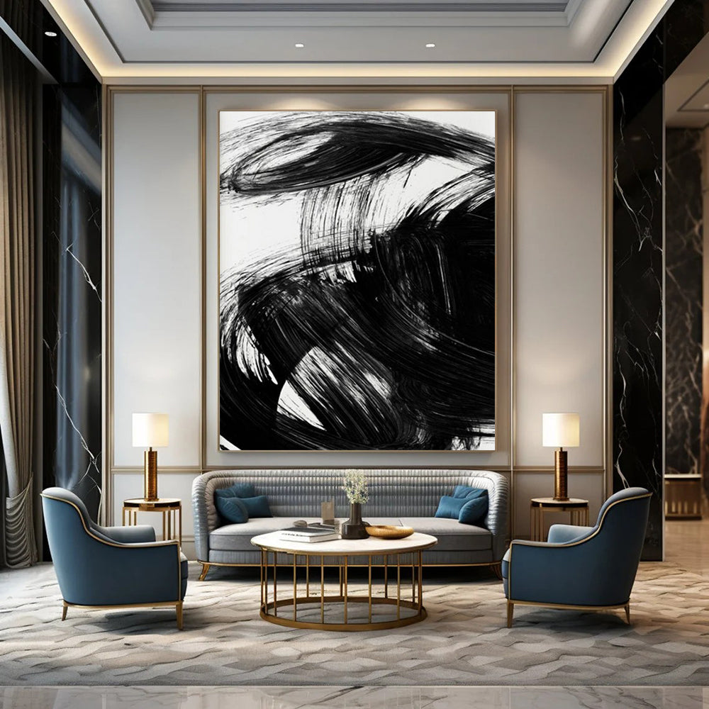 “Dynamic Black Brushstrokes” - Bold, Swirling Forms on White Background Painting On Canvas DS195