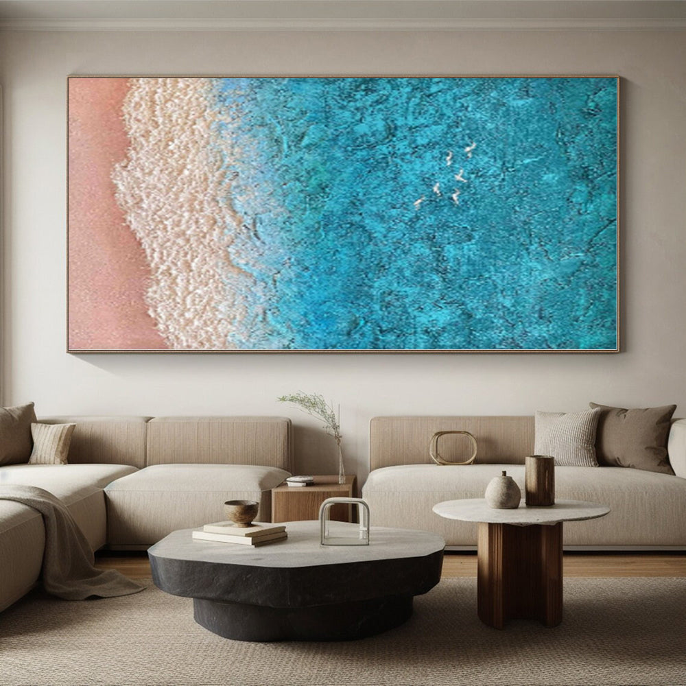 “Turquoise - Beige Seaside Aerial” - Turquoise, Beige, White Abstract Aerial Seaside Painting On Canvas PS0563