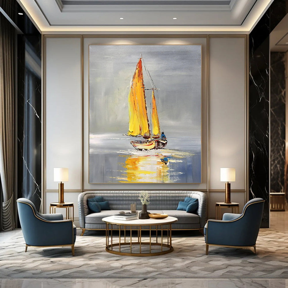 “Yellow - Sailed Boat on Calm Water” - Impressionistic Oil Painting On Canvas PT2198