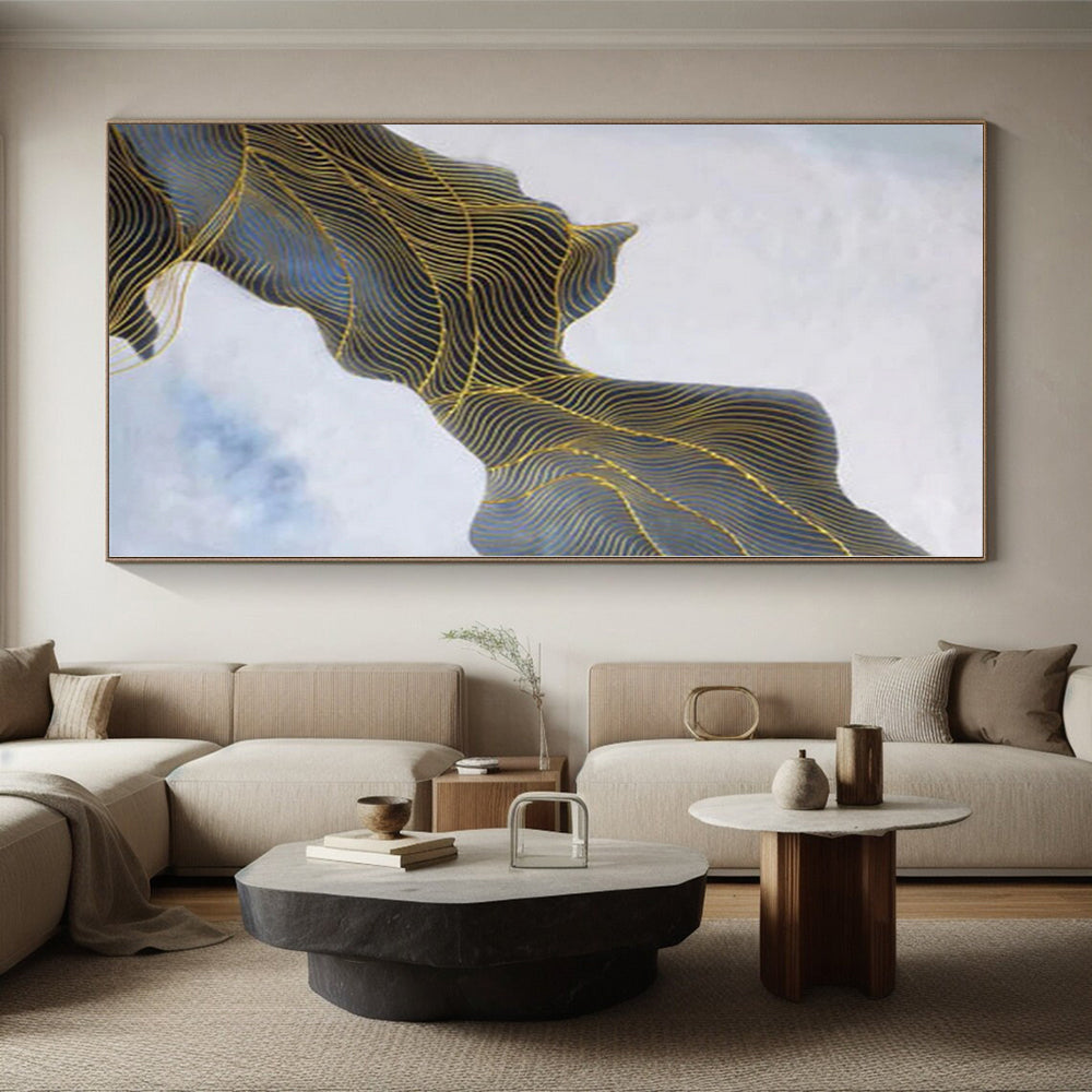 “Blue - Gold Abstract Flowing Waves” - Opulent Abstract Painting On Canvas PS0357