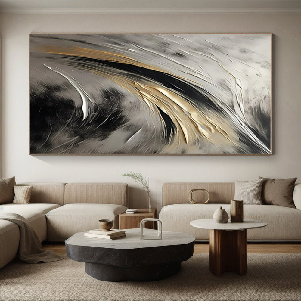 “Silver - Black - Gold Flowing Strokes” Painting On Canvas PS0834