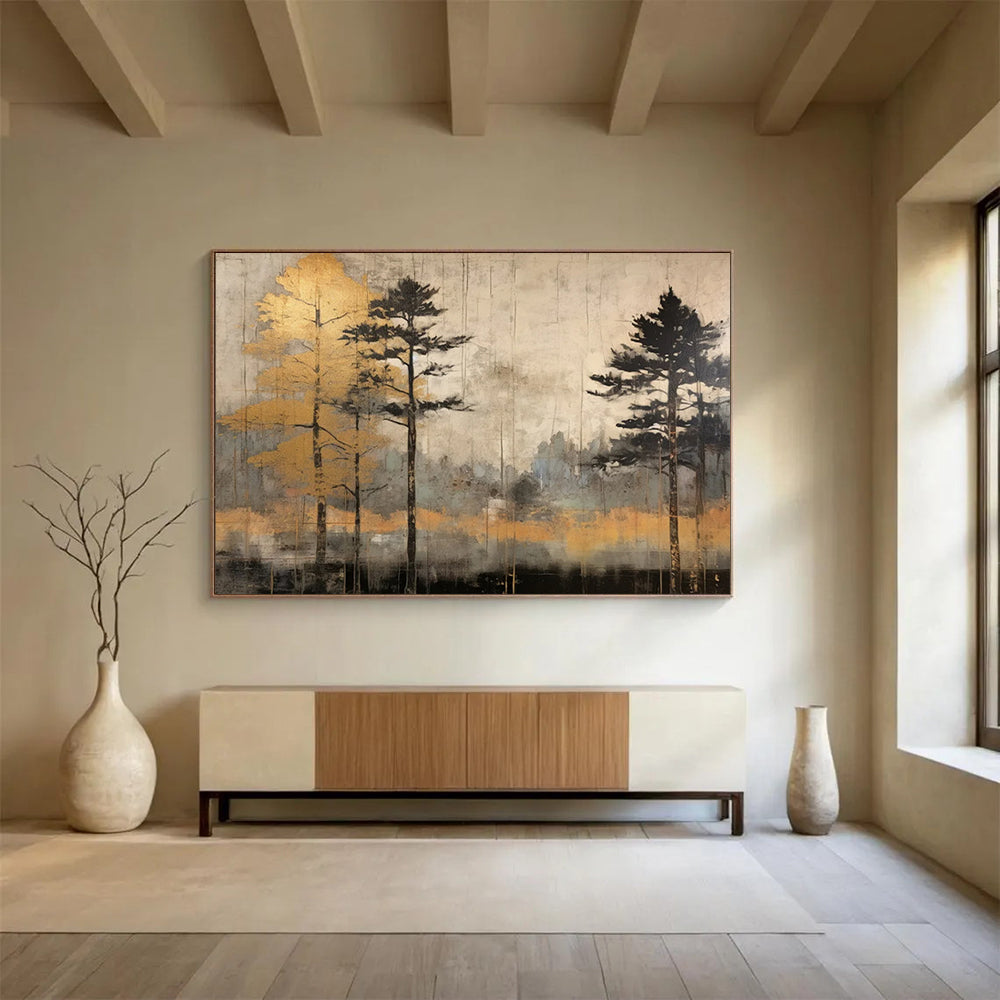 “Golden Trees in Gray Landscape” - Contemporary Landscape Painting On Canvas PT106