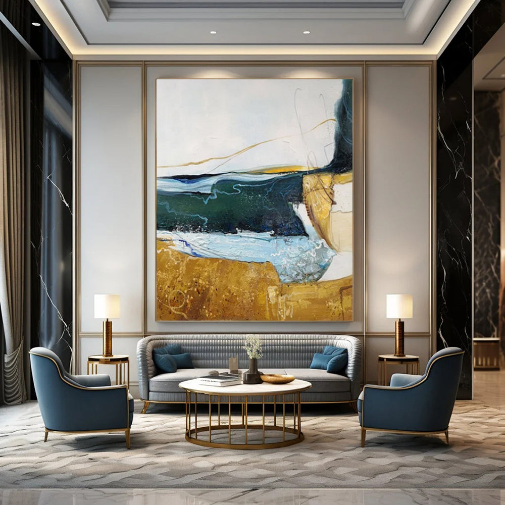 “Green - Gold - Blue Abstract 2” - Mixed - Media Abstract Painting On Canvas PT2337