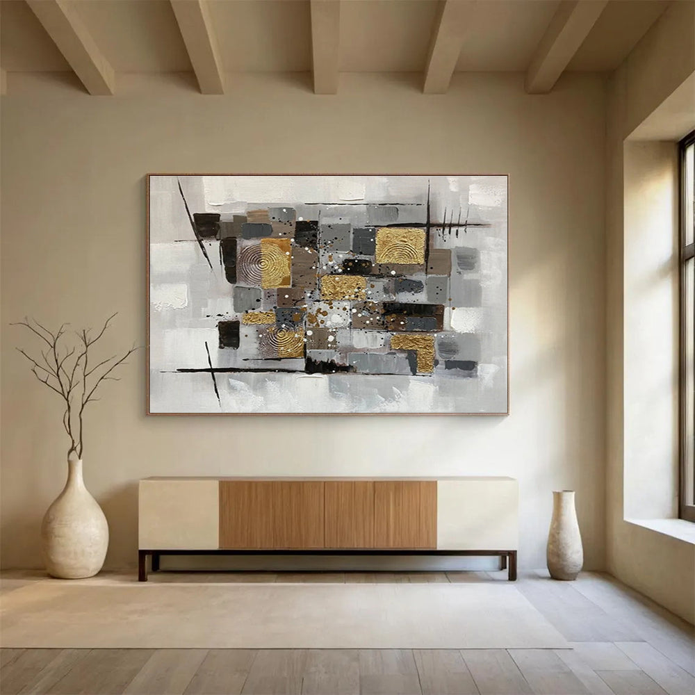 Gold - Accented Geometric Collage - Textured Abstract Painting On Canvas DKS353