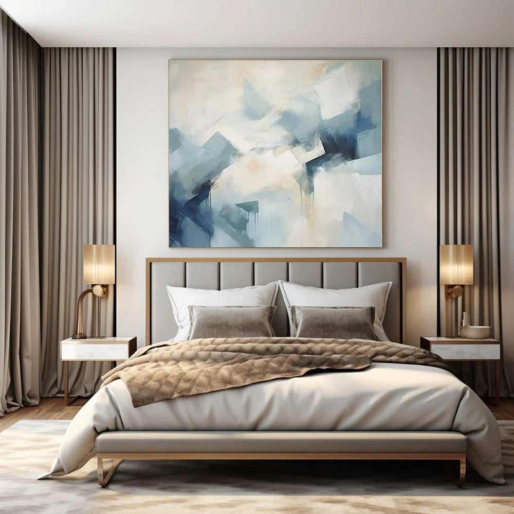Light Blue, White with Geometric Shapes "Geometric Skies" Abstract Painting On Canvas PS1337