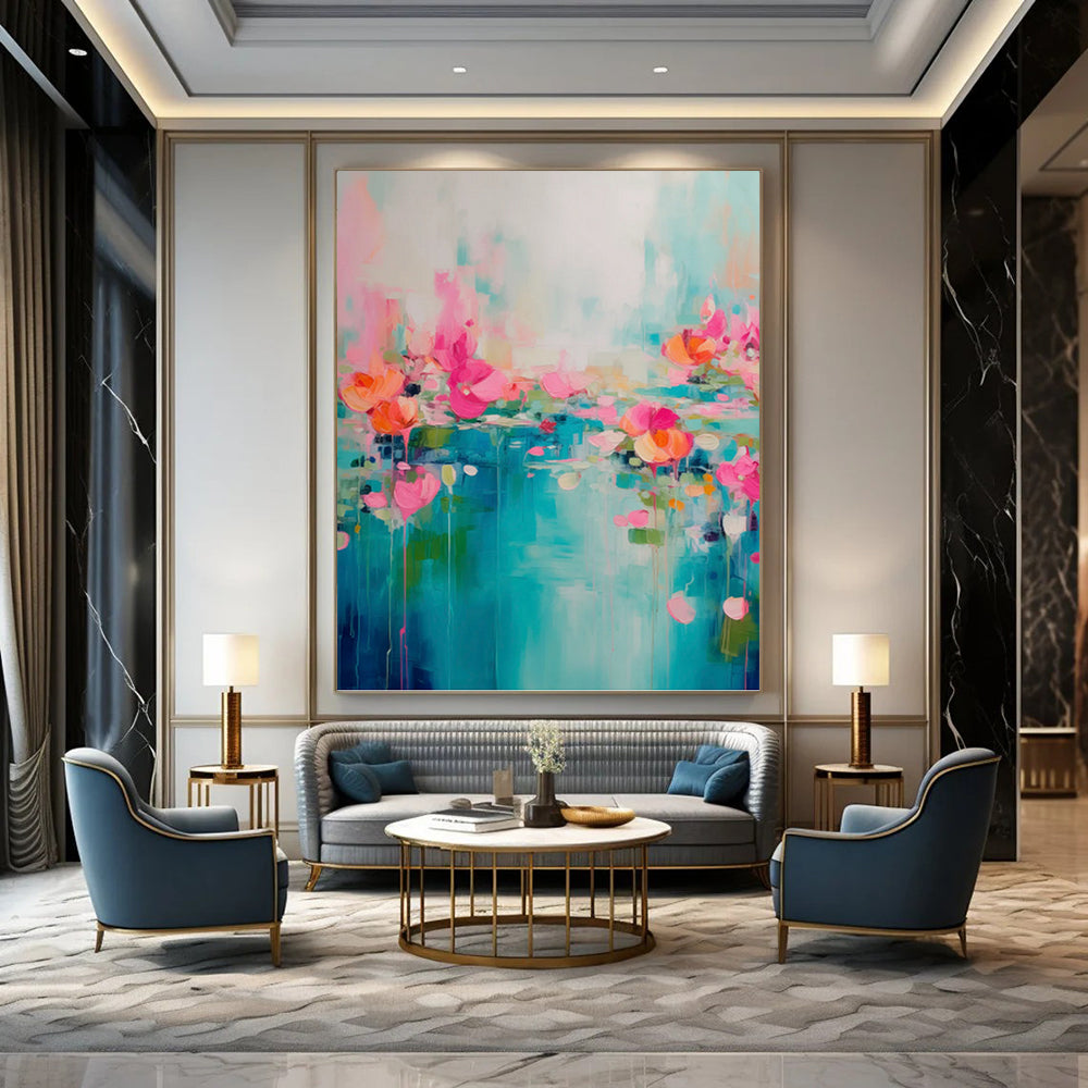 “Pink, Orange, and Blue Floral Abstract” - Impressionistic Flower Painting On Canvas PT0993