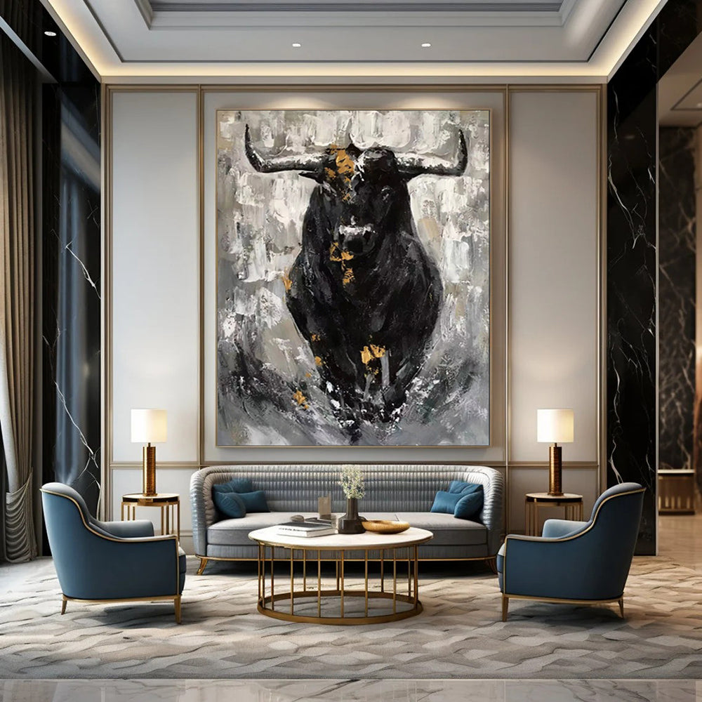 “Black - White - Gold Bull Portrait” - Expressionist Bull Painting On Canvas PT1971