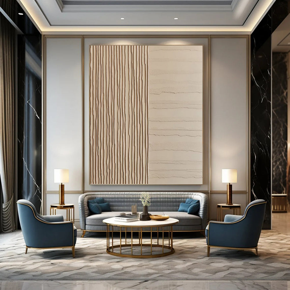 “Dual - Textured Beige Harmony” - Beige, Linear & Wavy Abstract Painting On Canvas PT1478