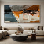 “Orange - Gray Geometric Collage” - Orange, Gray, Blue Abstract Geometric Painting On Canvas PS0567