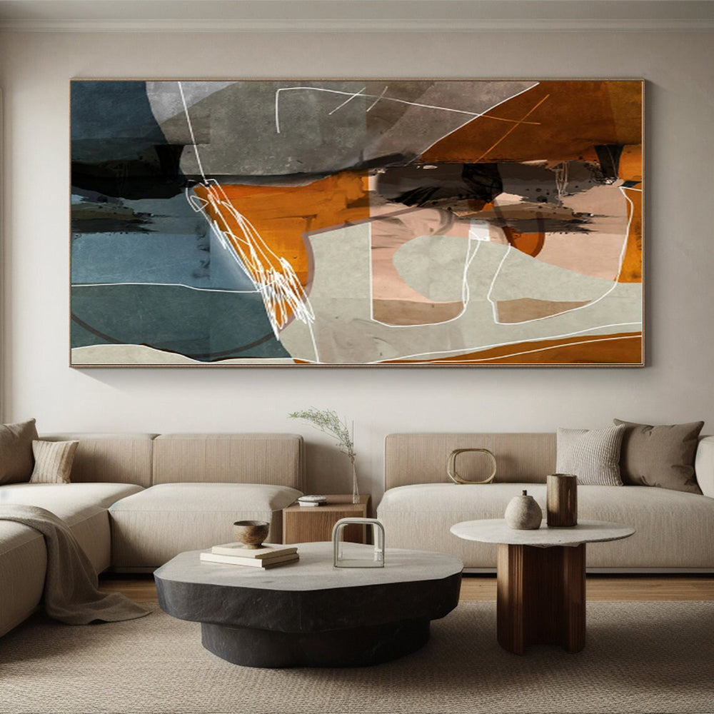 “Orange - Gray Geometric Collage” - Orange, Gray, Blue Abstract Geometric Painting On Canvas PS0567
