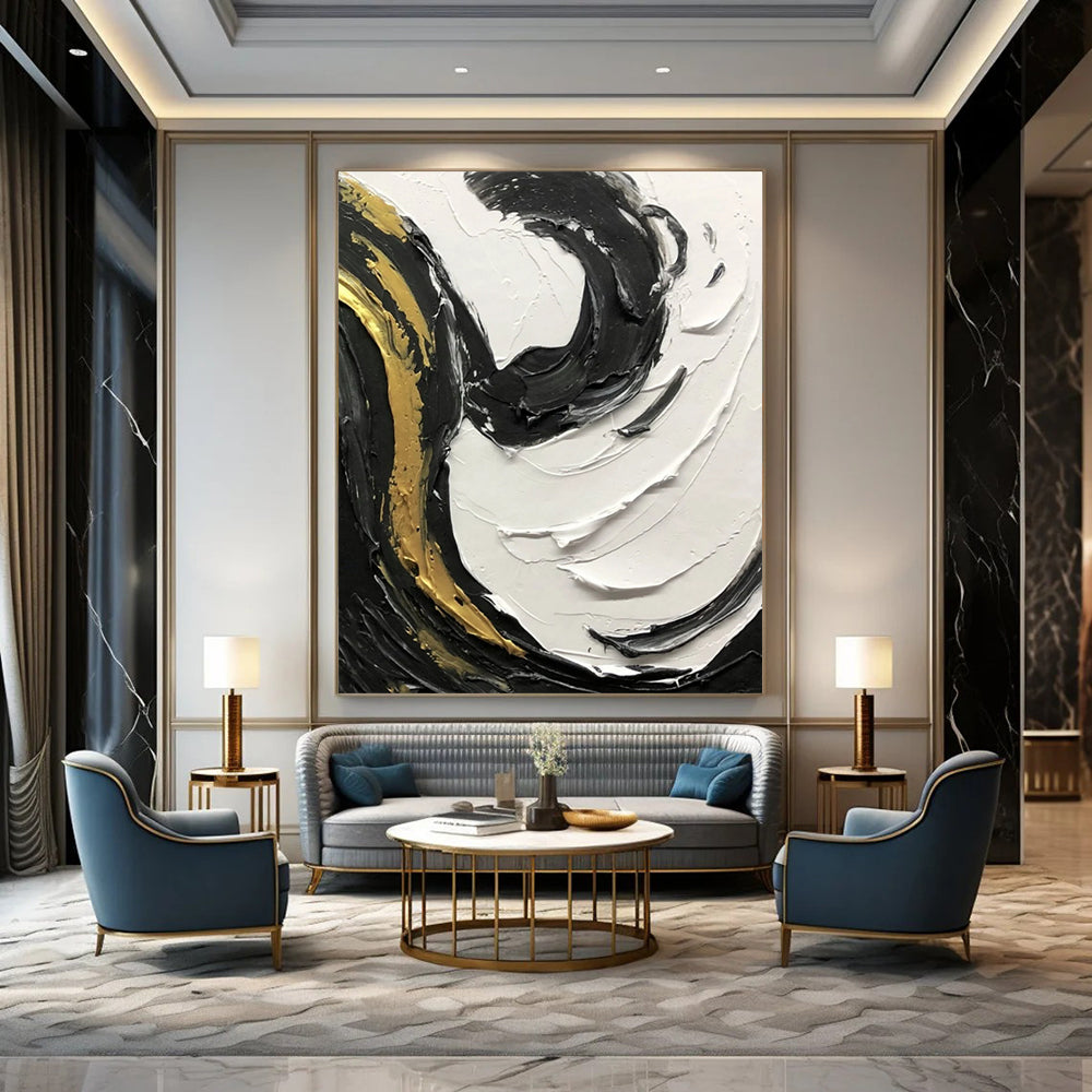 “Black, White, and Gold Swirling Textures” - Opulent Abstract Painting On Canvas DS381