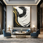 “Black, White, and Gold Swirling Textures” - Opulent Abstract Painting On Canvas DS381