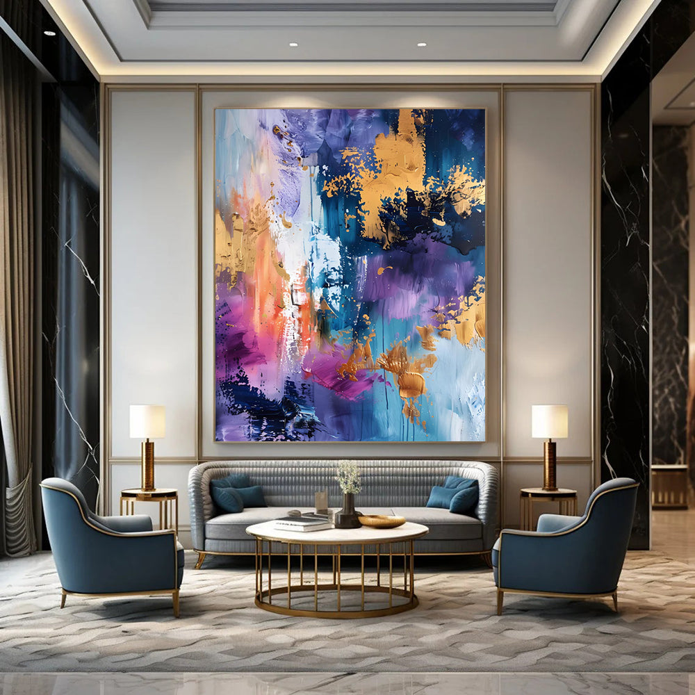 “Purple, Blue & Gold Abstract Splash” - Luxe Abstract Painting On Canvas DS282