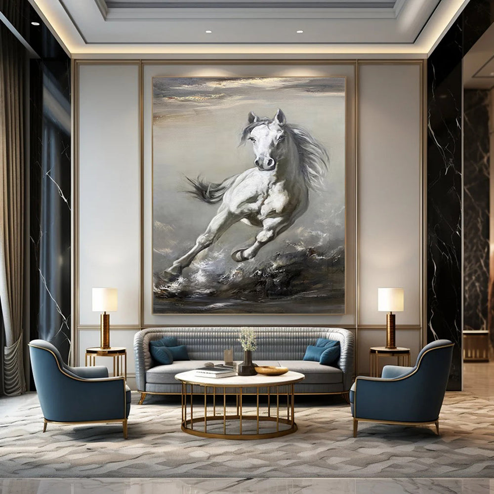 “White Horse in Motion” - Dynamic Oil Painting On Canvas PT2180