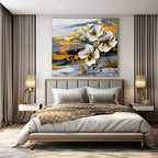 White, Gold, Gray with Textured Flowers "Gilded Blossom" Floral Painting On Canvas PS1254