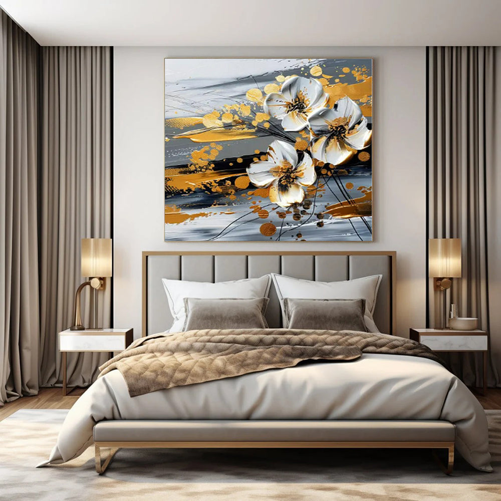 White, Gold, Gray with Textured Flowers "Gilded Blossom" Floral Painting On Canvas PS1254