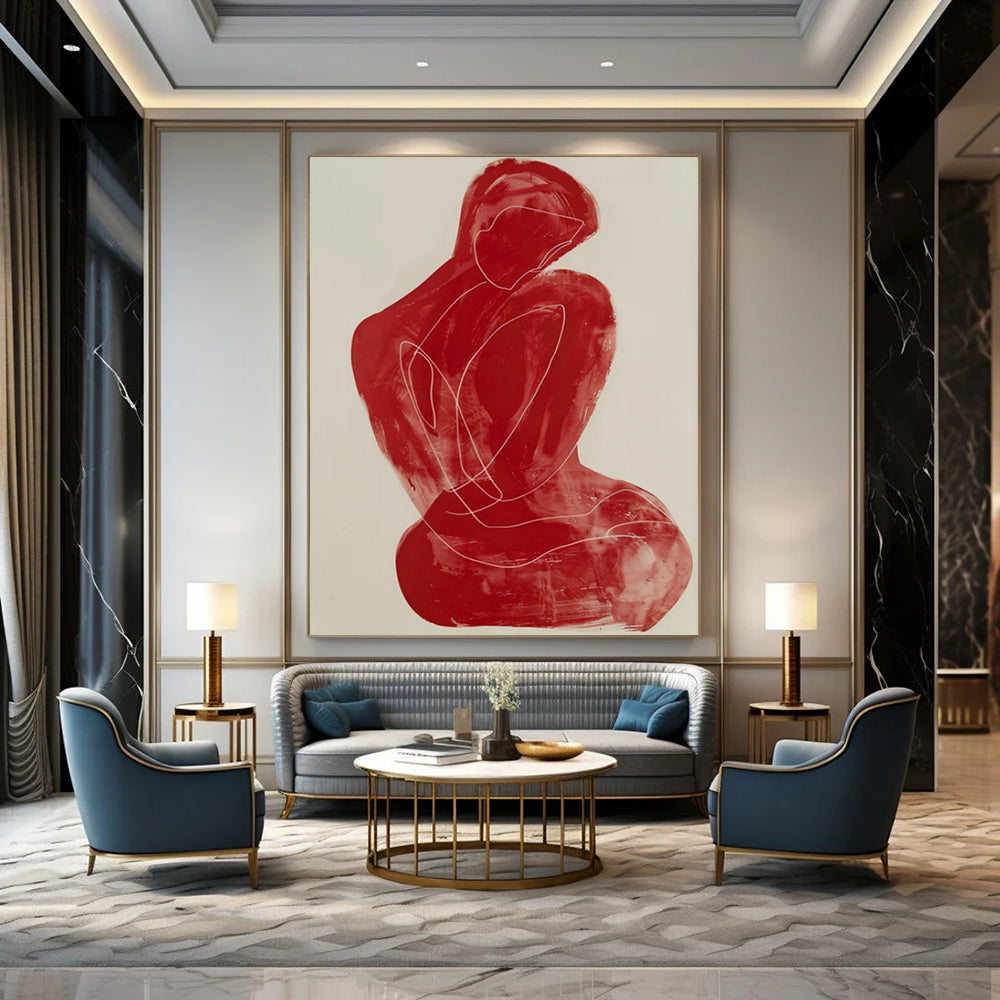 “Red Abstract Figure” - Minimalist Line Painting On Canvas PT2228
