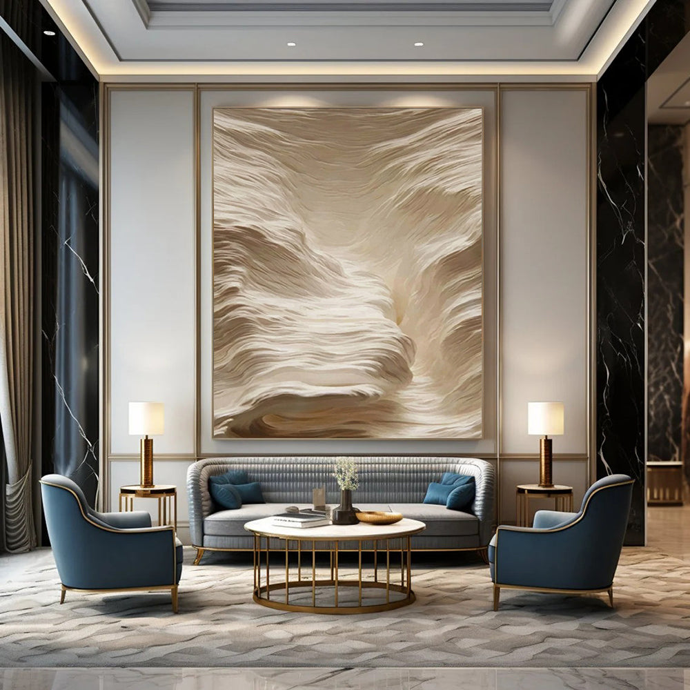 “Cream - Colored Textured Waves” - Minimalist Abstract Painting On Canvas DS023