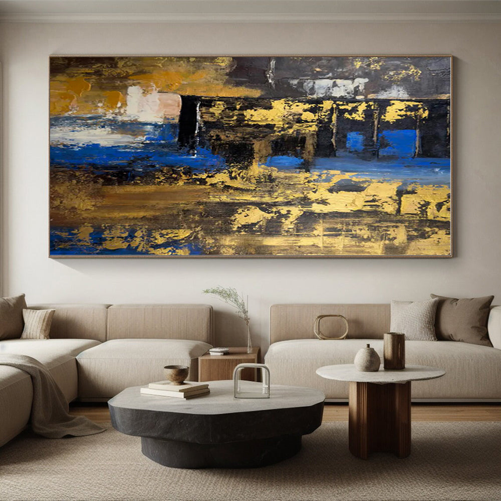 “Blue - Gold Abstract Layers” - Blue, Gold, Brown Abstract Painting On Canvas PS0445